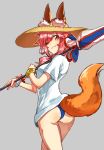  ;) animal_ear_fluff animal_ears ass bangs beach_umbrella bikini bikini_under_clothes blue_bikini bracelet brown_hat carrying closed_mouth commentary cowboy_shot ears_through_headwear fate/grand_order fate_(series) fox_ears fox_tail from_behind grey_background hat jewelry long_hair looking_at_viewer looking_back no_pants one_eye_closed oono_imo over_shoulder pink_hair red_eyes shirt short_sleeves simple_background smile smirk solo standing straw_hat sun_hat swimsuit t-shirt tail tamamo_(fate)_(all) tamamo_no_mae_(swimsuit_lancer)_(fate) umbrella white_shirt 