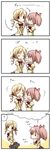  blonde_hair comic drill_hair hair_ornament highres kaname_madoka mahou_shoujo_madoka_magica multiple_girls oumi_neneha pink_hair school_uniform short_hair short_twintails tomoe_mami twin_drills twintails yellow_eyes 