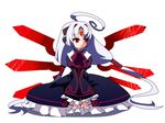  ahoge albino bad_id bad_pixiv_id dress forehead_jewel frilled_dress frills hair_tubes huge_ahoge jerun long_hair red_eyes sitting solo twintails under_night_in-birth vatista very_long_hair white_hair wings 