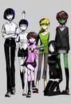  4boys bad_id bad_pixiv_id banned_artist black_hair blonde_hair brochimanacu brown_hair crossed_arms crossed_legs extra_arms genderswap green_shirt green_skin grey_background knife madotsuki monoe monoko multiple_boys multiple_girls pink_shirt poniko ponytail sekomumasada_sensei shirt shitaisan shorts sitting skirt thighhighs yume_nikki 