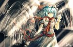  absurdres bad_id bad_pixiv_id bat_wings blue_hair hat hat_ribbon highres huanxiang_heitu polearm puffy_sleeves red_eyes remilia_scarlet ribbon scarf short_hair solo spear sunlight touhou weapon wings 