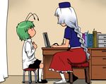  antennae book bookmark braid chair desk green_hair hat long_hair long_sleeves multiple_girls onikobe_rin pantyhose pen shirt short_hair short_sleeves shorts silver_hair sitting skirt touhou very_long_hair wriggle_nightbug writing yagokoro_eirin |_| 