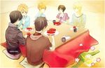  5boys black_hair blonde_hair blush brown_eyes brown_hair cake character_request food fujioka_haruhi hitachiin_hikaru hitachiin_kaoru houshakuji_renge kari-kitties kotatsu multiple_boys ouran_high_school_host_club short_hair smile suou_tamaki table under_kotatsu under_table 