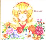  ^_^ alice_margatroid blonde_hair capelet closed_eyes colored_pencil_(medium) flower grin lily_(flower) red_flower red_rose rose shikishi short_hair smile solo tiger_lily touhou traditional_media tulip upper_body warugaki_(sk-ii) 