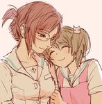  arm_hug brown_hair closed_eyes glasses hakuisei_ren'ai_shoukougun happy head_on_shoulder multiple_girls nashio nurse ootsuka_hatsumi pink_hair sawai_kaori short_hair sketch smile uniform yuri 