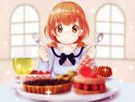  brown_eyes cake food fork fruit glass holding holding_fork holding_spoon masaki_mao orange_hair original slice_of_cake smile solo sparkle spoon strawberry tart_(food) twintails window 