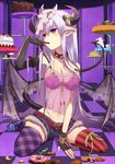  asymmetrical_legwear bad_id bad_pixiv_id belt bikini_top black_legwear blush breasts cake candy checkered checkered_floor cleavage collar cookie cuffs cup demon_girl demon_horns demon_tail doughnut earrings elbow_gloves finger_to_mouth fingerless_gloves fingernails food fruit gloves groin heart horns jewelry kettle large_breasts lingerie long_hair macaron mask mismatched_gloves mismatched_legwear multicolored multicolored_nails nail_polish navel navel_piercing negligee original pancake piercing plaid plaid_legwear pointy_ears purple_eyes purple_hair ribbon shackles short_shorts shorts silver_hair single_elbow_glove sitting solo spiked_collar spikes spread_legs strap_slip strawberry striped striped_legwear sweets tail teacup teapot tepes thighhighs torn_wings underwear vertical-striped_legwear vertical_stripes wariza wings 