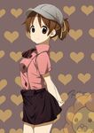  arms_behind_back bad_id bad_pixiv_id brown_eyes brown_hair hair_ribbon hat heart heart_background hirasawa_ui k-on! looking_at_viewer mister_donut official_style pon_de_lion ponytail ragho_no_erika ribbon skirt smile solo 