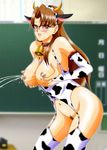  1girl :d animal_ears bell bell_collar blush breast_hold breastless_clothes breasts brown_eyes brown_hair chalkboard classroom collar cow_bell cow_ears cow_girl cow_horns cow_print cowbell elbow_gloves female glasses gloves horns kurise_asuka_(royalhouse) lactation large_breasts long_hair looking_at_viewer nipples open_mouth pubic_hair pussy smile solo teacher thighhighs 
