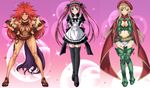  3girls airi airi_(queen's_blade) alleyne alleyne_(queen's_blade) armor beret blonde_hair blue_eyes breasts dark_skin dress elf green_eyes hat large_breasts legwear long_hair multiple_girls pointy_ears purple_eyes queen&#039;s_blade queen's_blade red_hair risty standing stockings tattoo twintails 