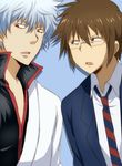  bad_id bad_pixiv_id black_eyes brown_hair crossover danshi_koukousei_no_nichijou gintama glasses japanese_clothes male_focus maruki_(punchiki) multiple_boys necktie red_eyes sakata_gintoki sanpaku school_uniform seiyuu_connection silver_hair striped striped_neckwear sugita_tomokazu tabata_hidenori 