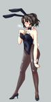  animal_ears black_hair bow bowtie breasts breath brown_eyes bunny_ears bunny_tail bunnysuit cleavage detached_collar haruhisky high_heels highres large_breasts mature money money_hold pantyhose ponytail shoes short_hair tail to_heart_2 to_heart_2_ad wrist_cuffs yuzuhara_haruka 