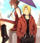  1girl blonde_hair blue_eyes boots bun_cover china_dress chinese_clothes crossover double_bun dress edward_elric fullmetal_alchemist gintama kagura_(gintama) kugimiya_rie maruki_(punchiki) orange_hair parasol purple_umbrella red_hair seiyuu_connection umbrella yellow_eyes 