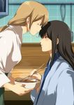  1girl bad_id bad_pixiv_id black_hair blonde_hair blush bowl brown_eyes chopsticks couple eating food forehead_kiss gintama hetero holding holding_bowl holding_chopsticks ikumatsu japanese_clothes katsura_kotarou kiss long_hair noodles nuriko-kun ponytail ramen 