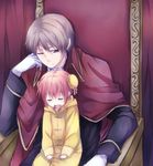  1girl brown_hair bun_cover cape child double_bun gintama gloves kagura_(gintama) maruki_(punchiki) okita_sougo one_eye_closed orange_hair raincoat red_eyes short_hair sitting sitting_on_lap sitting_on_person sleeping throne time_paradox white_gloves younger 