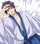  black_hair blush brown_eyes gintama glasses male_focus maruki_(punchiki) messy_hair on_bed open_clothes shimura_shinpachi solo 