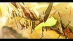  animal blue_hair cloak flygon flying from_above gen_3_pokemon green_wings hinanawi_tenshi jhen_mohran letterboxed monster_hunter pokemon pokemon_(creature) red_eyes riding siirakannu touhou velocidrome wings 