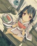 absurdres animal_ears bad_id bad_pixiv_id black_hair blush bunny_ears food fruit highres huanxiang_heitu inaba_tewi japanese_clothes looking_at_viewer red_eyes short_hair sitting sketch smile solo touhou watermelon 
