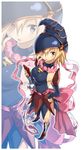  bare_shoulders blonde_hair boots breasts cellphone cross detached_sleeves duel_monster gagaga_girl hand_on_hip hat highres long_hair looking_at_viewer medium_breasts phone red_eyes skirt solo wizard_hat yuu-gi-ou yuu-gi-ou_zexal yuuzii zoom_layer 