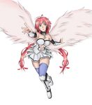  antenna_hair bare_shoulders blue_eyes boots breasts chain cleavage collar detached_sleeves drawfag hair_ribbon highres ikaros knee_boots large_breasts long_hair navel navel_cutout pink_hair reaching_out ribbon skirt solo sora_no_otoshimono thighhighs twintails very_long_hair wings 