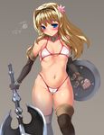  axe battle_axe bikini blonde_hair blue_eyes blush breasts collarbone elbow_gloves flower gloves groin hair_flower hair_ornament highres holding imazon kusugawa_sasara long_hair micro_bikini navel resized shield simple_background small_breasts solo swimsuit thighhighs to_heart_2 weapon 