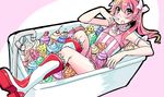  bathtub blush boots borrowed_character bow cream cream_on_face cupcake cupcake-chan dress finger_licking food food_on_face hair_bow highres kekekeke knee_boots licking long_hair original pink_hair solo striped twintails yellow_eyes 
