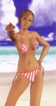  3d beach bikini breasts brown_hair dark_skin dead_or_alive hand_on_hip highres large_breasts lisa_hamilton looking_at_viewer official_art pointing swimsuit tecmo 