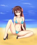  1girl aveve beach bikini blush breasts brown_eyes brown_hair cameltoe high_heels highres long_hair looking_at_viewer shoes sitting smile solo spread_legs swimsuit water 