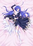  ahoge aichi_genjin armor armored_dress blue_eyes blue_hair breasts cleavage dakimakura dress full_body hairband highres huge_ahoge large_breasts long_hair orie_(under_night_in-birth) pantyhose solo torn_clothes torn_dress torn_legwear under_night_in-birth very_long_hair white_legwear wince 