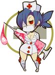  1girl bandage_over_one_eye blue_hair breasts cleavage eracadenza flats highres name_tag nametag nurse red_eyes short_hair skull skullgirls solo surgical_mask symbol-shaped_pupils syringe valentine_(skullgirls) 