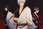  bandage_over_one_eye black_hair bokken gb_(doubleleaf) gintama hadanugi_dousa japanese_clothes katsura_kotarou kimono long_hair long_sleeves male_focus multiple_boys purple_hair red_eyes sakata_gintoki sheath sheathed short_sleeves silver_hair sword takasugi_shinsuke weapon wooden_sword 