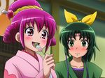  alternate_hairstyle blush dango drooling eating food hoshizora_miyuki japanese_clothes kimono mameshiba midorikawa_nao multiple_girls ninja open_mouth pink_eyes pink_hair ponytail precure short_hair smile smile_precure! wagashi 