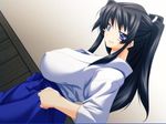  1girl black_hair blue_eyes breasts cleavage huge_breasts large_breasts long_hair pururun_cafe solo sumeragi_kohaku takeuchi_narumi very_long_hair 