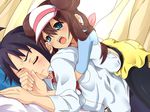  1boy 1girl ahoge artist_request black_hair blue_eyes blush brown_hair cheren_(pokemon) double_bun eyes_closed gym_leader hat highres hug kotomuke_fuurin mei_(pokemon) necktie pantyhose pokemon pokemon_(game) pokemon_bw2 smile tie visor 