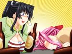  2girls alcohol beer black_hair blue_eyes bottle breasts cleavage huge_breasts large_breasts multiple_girls pink_hair pururun_cafe short_hair sumeragi_kohaku takahara_mitsuki takeuchi_narumi 