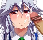  1girl bar_censor blush braid censored commentary_request cum facial frown grey_hair hayashi_custom heart heart-shaped_pupils izayoi_sakuya penis pointless_censoring red_eyes symbol-shaped_pupils touhou twin_braids wavy_mouth 