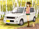  boots brown_eyes brown_hair bunny car carrying eijima_moko full_body fur_boots ground_vehicle hat long_hair motor_vehicle original pleated_skirt skirt smile standing tree ugg_boots 