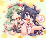  :d ;d ahoge animal_ears aqua_eyes arm_hug bandeau bangs bare_shoulders barefoot bell bell_collar black_hair black_sarong blue_eyes blush bms_of_fighters bow capelet cat_ears cat_tail chibi collar crescent dress fang feet flat_chest frilled_dress frills full_body green_hair hair_between_eyes hair_bow hair_ornament happy head_tilt heart high_ponytail jewelry jingle_bell kuroneko_liger long_hair multiple_girls necklace one_eye_closed open_mouth outline paw_pose ponytail ribbon sarong shawl short_hair sitting smile speech_bubble spoken_heart spread_legs star star_hair_ornament tail tail_ribbon very_long_hair wariza wings wristband yellow_background 