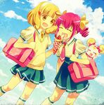  2girls :d ^_^ bag blonde_hair bow candy_(smile_precure!) closed_eyes crepe double_bun drill_hair food hairband hoshizora_miyuki kise_yayoi kneehighs multiple_girls nanairogaoka_middle_school_uniform necktie open_mouth pink_bow pink_hair pink_neckwear precure puffy_short_sleeves puffy_sleeves school_bag school_uniform short_hair short_sleeves skirt smile smile_precure! sweater_vest white_hairband yellow_eyes 