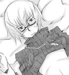  blush chaos_(under_night_in-birth) character_request glasses greyscale jewelry lying male_focus mole monochrome necklace on_back on_bed ribbed_sweater semi-rimless_eyewear shirt_lift solo sweater turtleneck under-rim_eyewear under_night_in-birth 
