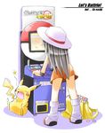  arcade_cabinet bare_legs blue_(pokemon) english gen_1_pokemon hat long_hair pikachu pokemon pokemon_(creature) pokemon_(game) pokemon_frlg porkpie_hat rascal skirt yawning 