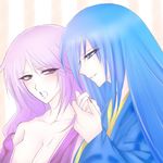  ao_(daisuki) bad_id bad_pixiv_id blue_hair blush breasts cleavage heian holding_hands japanese_clothes kimi_no_tame_nara_shineru_(manga) kimono long_hair medium_breasts multiple_girls murasaki_shikibu open_mouth purple_eyes purple_hair sei_shounagon smile yuri 