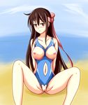  1girl aveve beach blush breastless_clothes breasts brown_hair crotchless crotchless_swimsuit long_hair looking_at_viewer nipples pussy red_eyes sitting smile solo spread_legs swimsuit uncensored water 