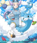  altaria aviator_cap bagon blue_sky chimecho cloud day flight_goggles flying gen_2_pokemon gen_3_pokemon gloves goggles great_ball hat holding holding_poke_ball jumpluff light_smile nagi_(pokemon) natu poke_ball pokemoa pokemon pokemon_(creature) pokemon_(game) pokemon_rse purple_eyes purple_hair riding sitting sitting_on_animal sky straddling swablu swellow wingull 