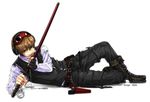  bad_id bad_pixiv_id blade_licking boots brown_hair cuffs earmuffs gintama ha_ru_(m-ca) handcuffs katana licking licking_weapon male_focus okita_sougo red_eyes sheath sheathed sleep_mask solo sword vest weapon 