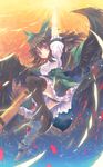  arm_cannon arm_up black_legwear bow brown_hair cape hair_bow long_hair looking_at_viewer north_abyssor red_eyes reiuji_utsuho single_greave smile solo thighhighs touhou weapon wings 