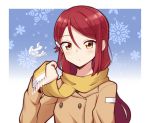  1girl adjusting_scarf blush breath brown_coat ceph_(greatyazawa1819) coat commentary double-breasted hair_ornament hairclip half_updo highres long_hair long_sleeves looking_at_viewer love_live! love_live!_sunshine!! red_hair sakurauchi_riko scarf snowflake_background snowing solo symbol_commentary upper_body yellow_eyes yellow_scarf 