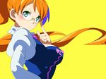  adjusting_eyewear aquarion_(series) aquarion_evol blue_eyes blush bow breasts glasses large_breasts long_hair mix_(aquarion) multicolored_hair orange_hair ponytail ribbon rimless_eyewear solo tsurukame_(doku) very_long_hair yellow_background 