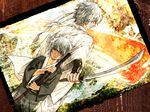  acaco dual_persona gintama headband japanese_clothes joui katana kimono male_focus multiple_boys older sakata_gintoki sheath sheathed silver_hair sword weapon younger 