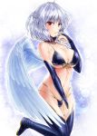  1girl bangs bare_shoulders bikini blue_background blue_bikini blue_footwear blue_gloves blue_nails boots braid breasts bridal_gauntlets choker cleavage commentary_request elbow_gloves eyebrows_visible_through_hair feathered_wings front-tie_bikini front-tie_top gloves hand_up kishin_sagume large_breasts looking_at_viewer nail_polish navel red_eyes silver_hair single_wing solo star string_bikini swimsuit thigh_boots thighhighs touhou white_background white_wings wings y2 